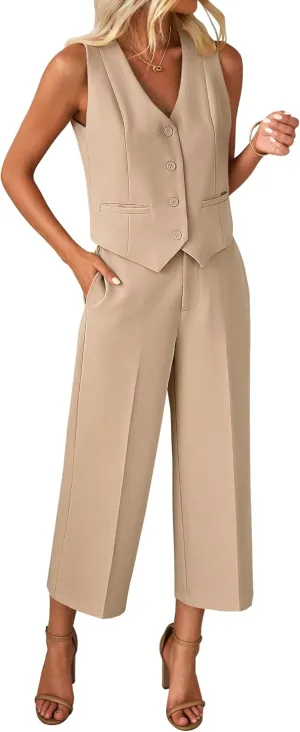 luvamia Pant Suits for Women Dressy Casual 2 Piece Sets Sleeveless Blazer Vest with Wide Leg Capri Pants Work Outfit