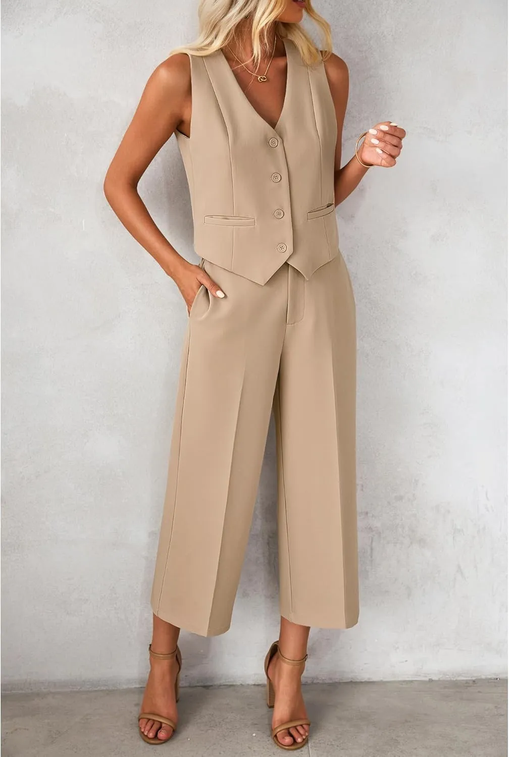 luvamia Pant Suits for Women Dressy Casual 2 Piece Sets Sleeveless Blazer Vest with Wide Leg Capri Pants Work Outfit