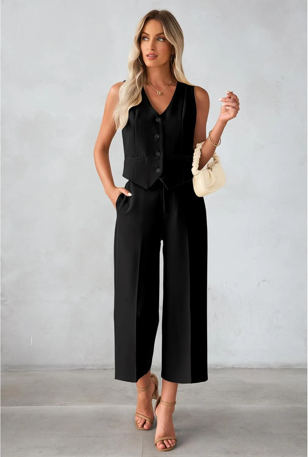luvamia Pant Suits for Women Dressy Casual 2 Piece Sets Sleeveless Blazer Vest with Wide Leg Capri Pants Work Outfit