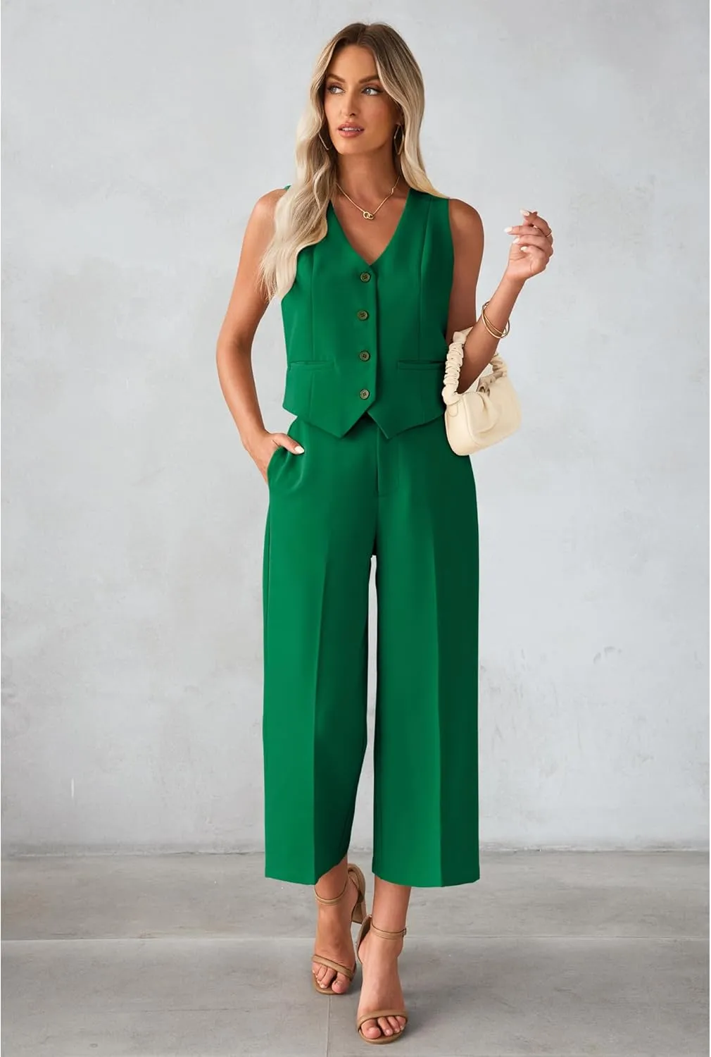 luvamia Pant Suits for Women Dressy Casual 2 Piece Sets Sleeveless Blazer Vest with Wide Leg Capri Pants Work Outfit