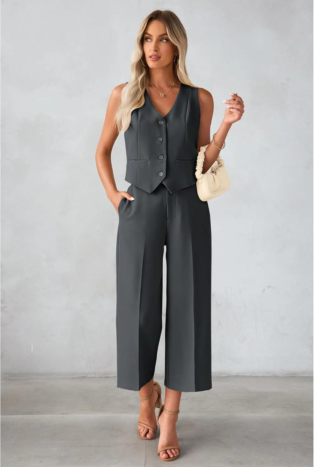 luvamia Pant Suits for Women Dressy Casual 2 Piece Sets Sleeveless Blazer Vest with Wide Leg Capri Pants Work Outfit