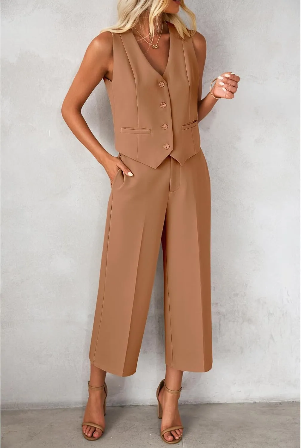 luvamia Pant Suits for Women Dressy Casual 2 Piece Sets Sleeveless Blazer Vest with Wide Leg Capri Pants Work Outfit