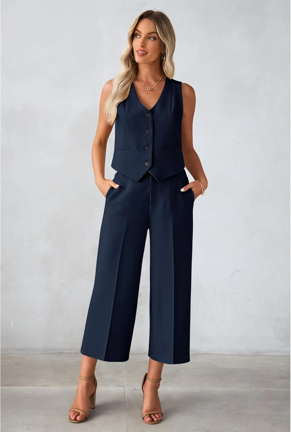luvamia Pant Suits for Women Dressy Casual 2 Piece Sets Sleeveless Blazer Vest with Wide Leg Capri Pants Work Outfit