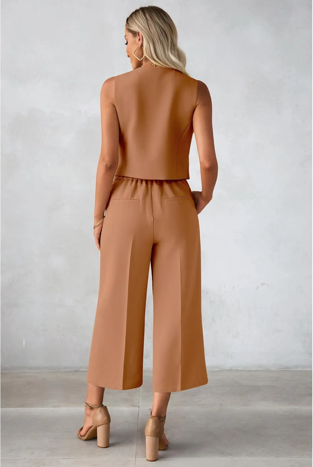 luvamia Pant Suits for Women Dressy Casual 2 Piece Sets Sleeveless Blazer Vest with Wide Leg Capri Pants Work Outfit