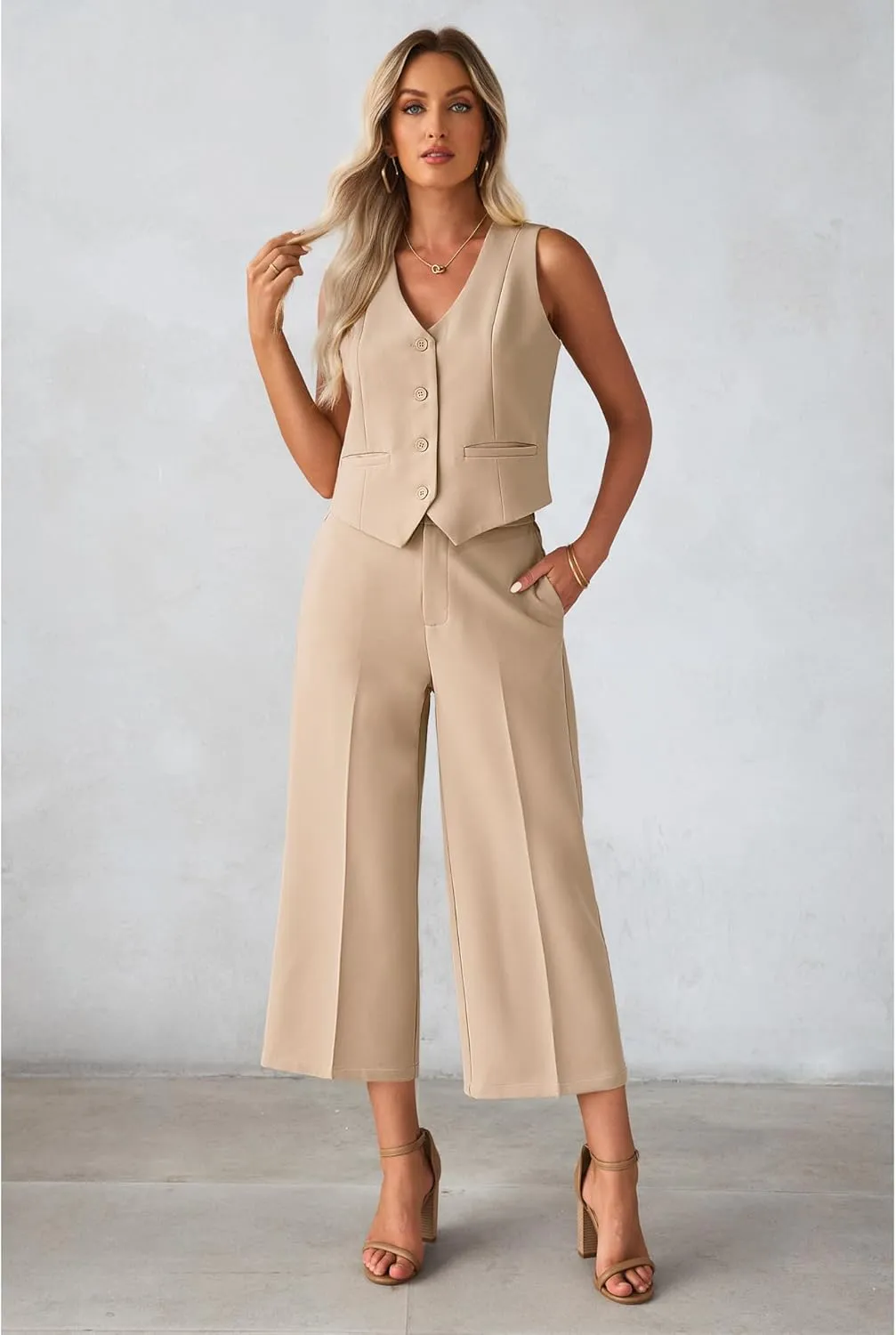 luvamia Pant Suits for Women Dressy Casual 2 Piece Sets Sleeveless Blazer Vest with Wide Leg Capri Pants Work Outfit