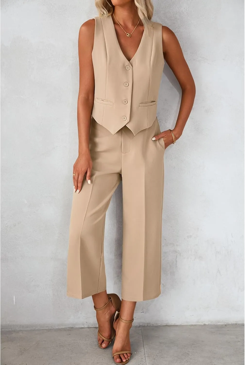 luvamia Pant Suits for Women Dressy Casual 2 Piece Sets Sleeveless Blazer Vest with Wide Leg Capri Pants Work Outfit