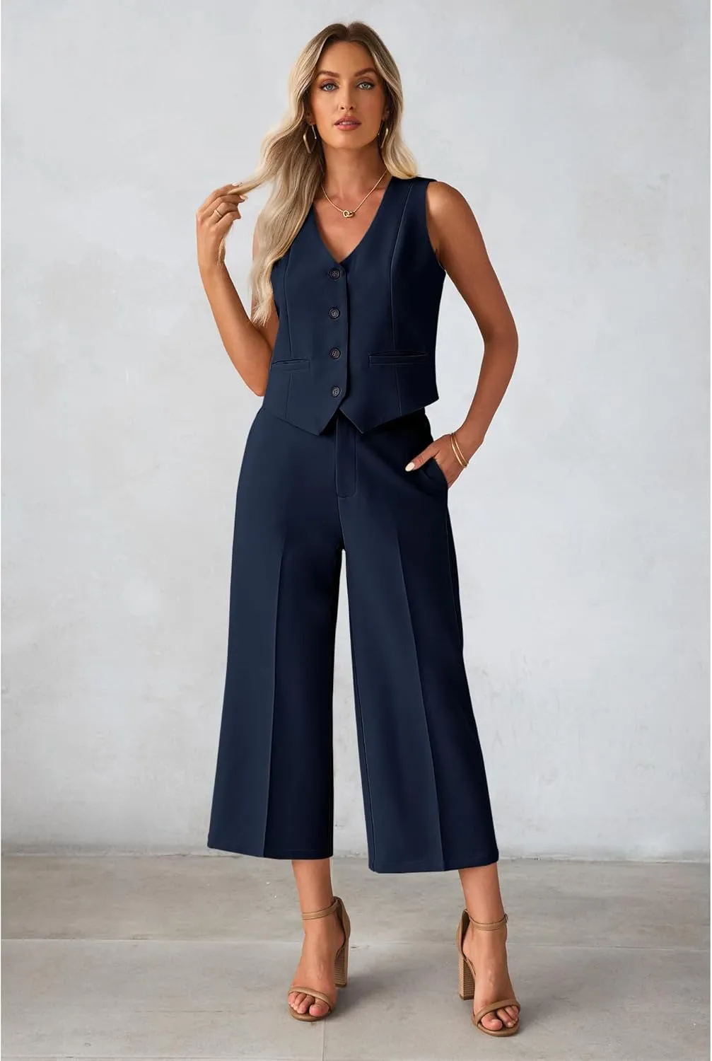 luvamia Pant Suits for Women Dressy Casual 2 Piece Sets Sleeveless Blazer Vest with Wide Leg Capri Pants Work Outfit