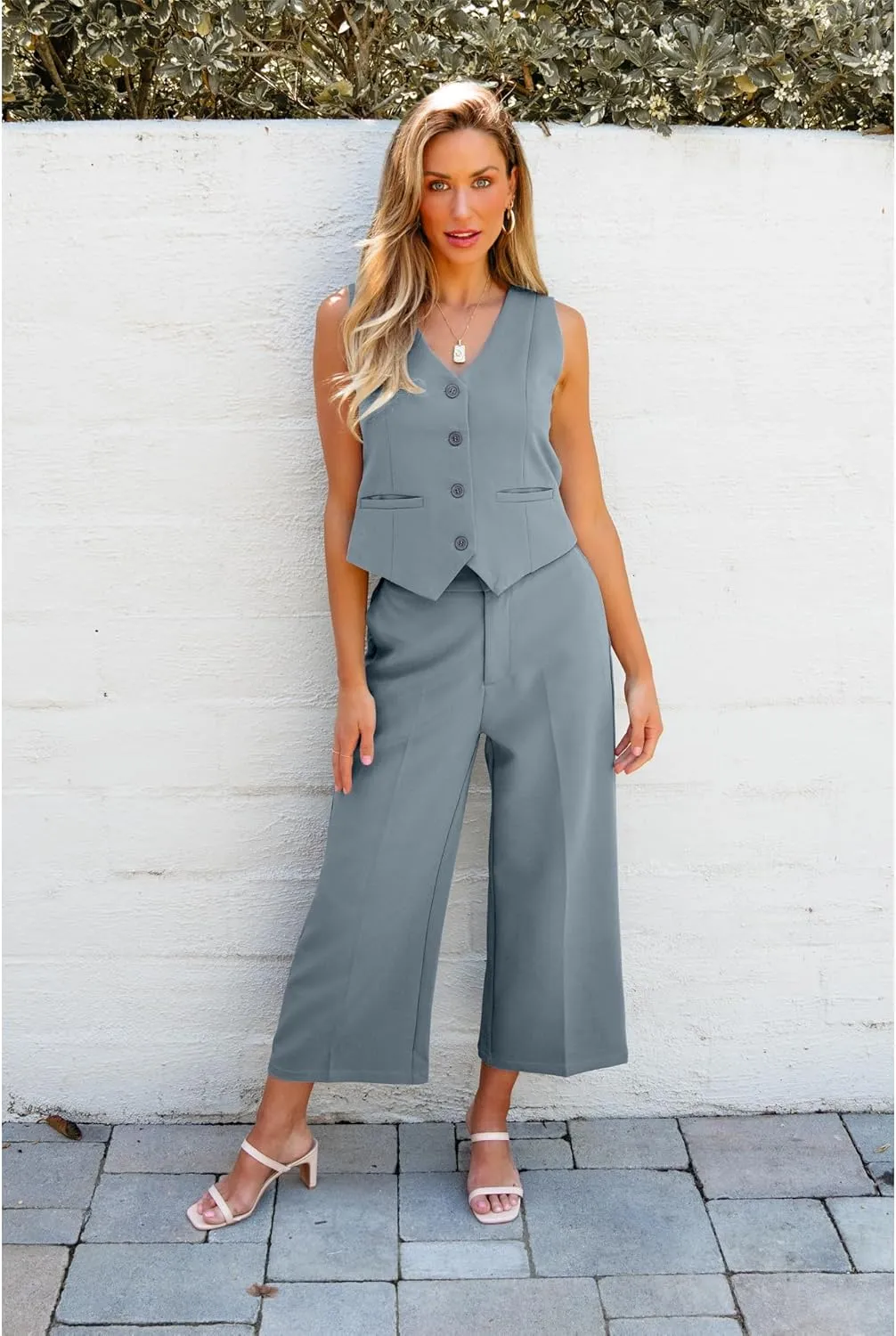 luvamia Pant Suits for Women Dressy Casual 2 Piece Sets Sleeveless Blazer Vest with Wide Leg Capri Pants Work Outfit