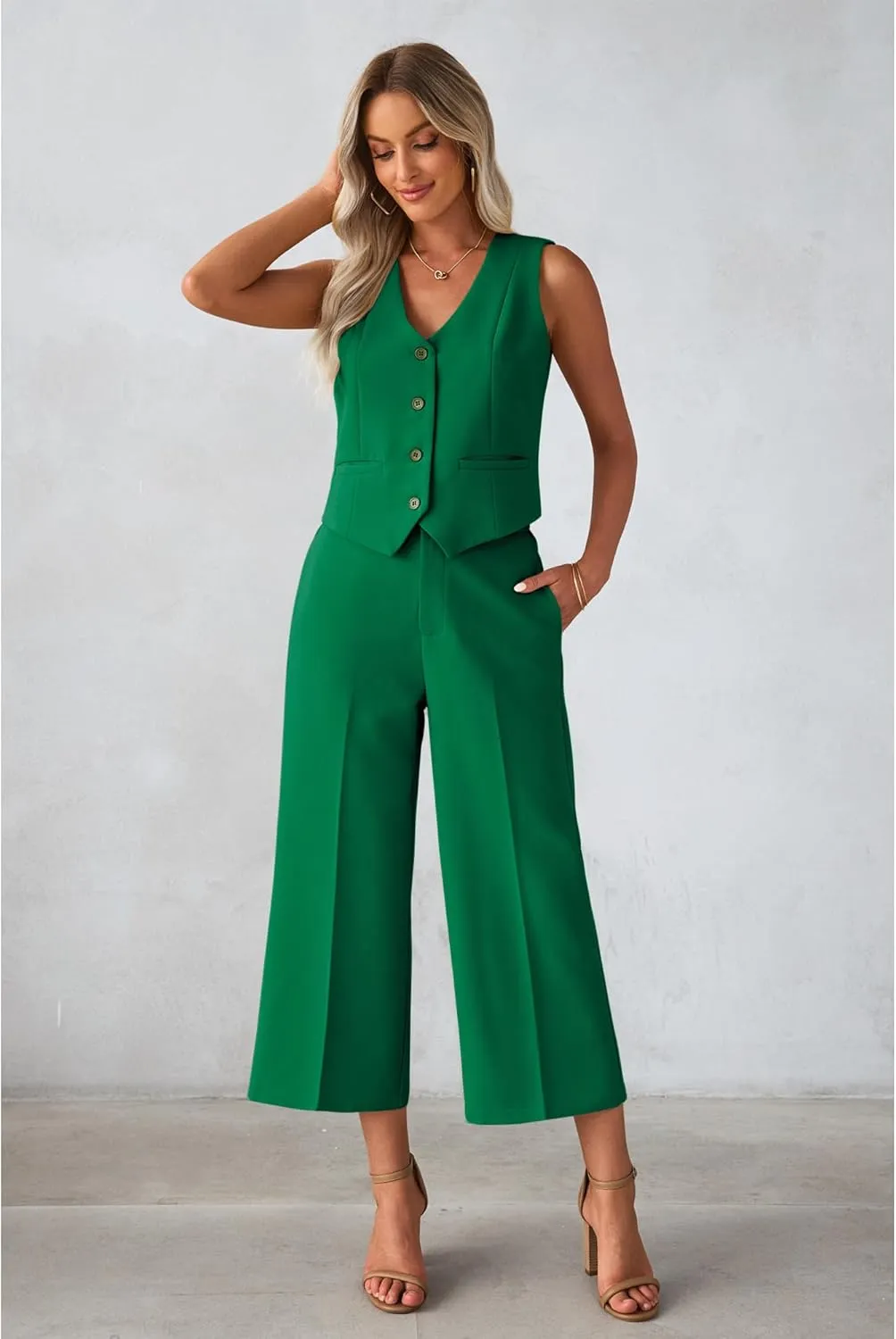 luvamia Pant Suits for Women Dressy Casual 2 Piece Sets Sleeveless Blazer Vest with Wide Leg Capri Pants Work Outfit