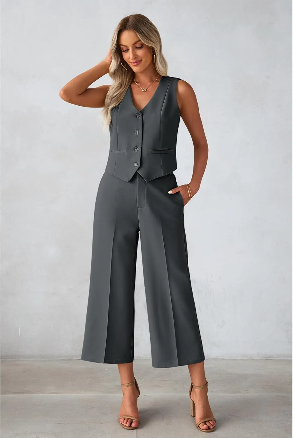 luvamia Pant Suits for Women Dressy Casual 2 Piece Sets Sleeveless Blazer Vest with Wide Leg Capri Pants Work Outfit
