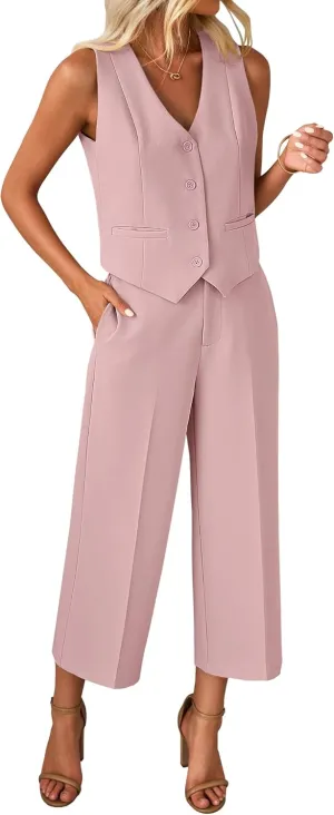 luvamia Pant Suits for Women Dressy Casual 2 Piece Sets Sleeveless Blazer Vest with Wide Leg Capri Pants Work Outfit