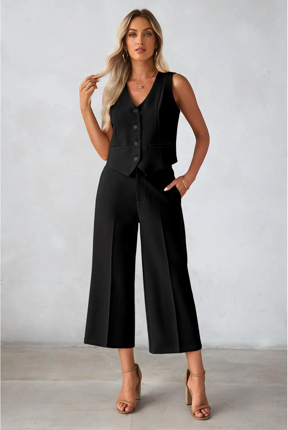 luvamia Pant Suits for Women Dressy Casual 2 Piece Sets Sleeveless Blazer Vest with Wide Leg Capri Pants Work Outfit