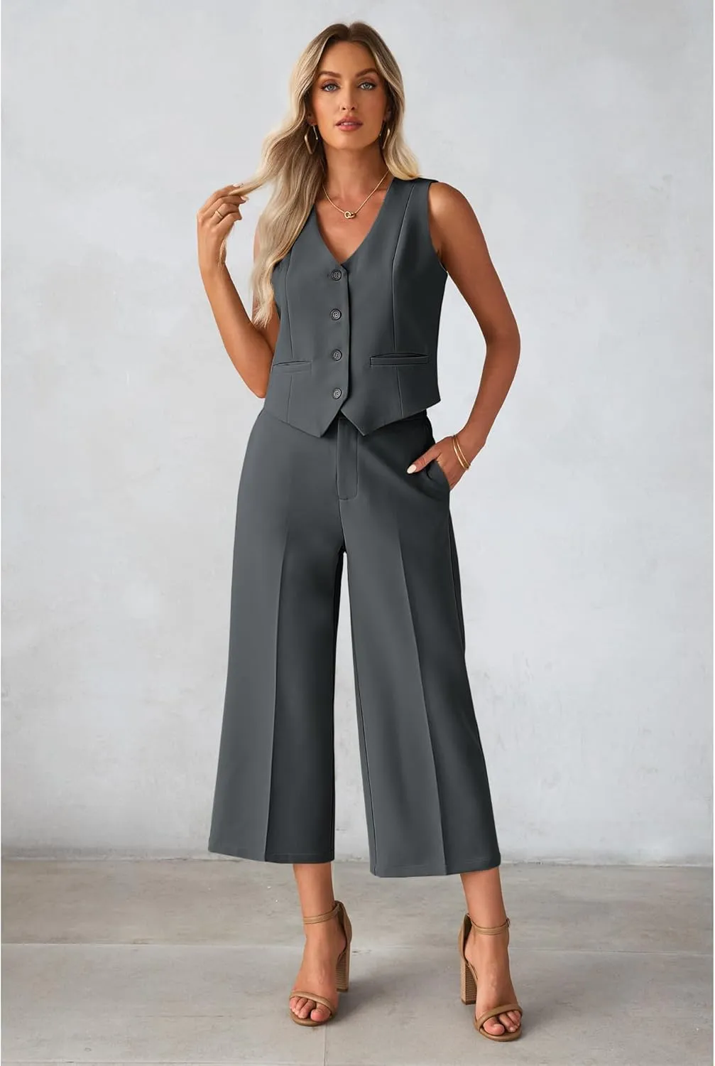 luvamia Pant Suits for Women Dressy Casual 2 Piece Sets Sleeveless Blazer Vest with Wide Leg Capri Pants Work Outfit