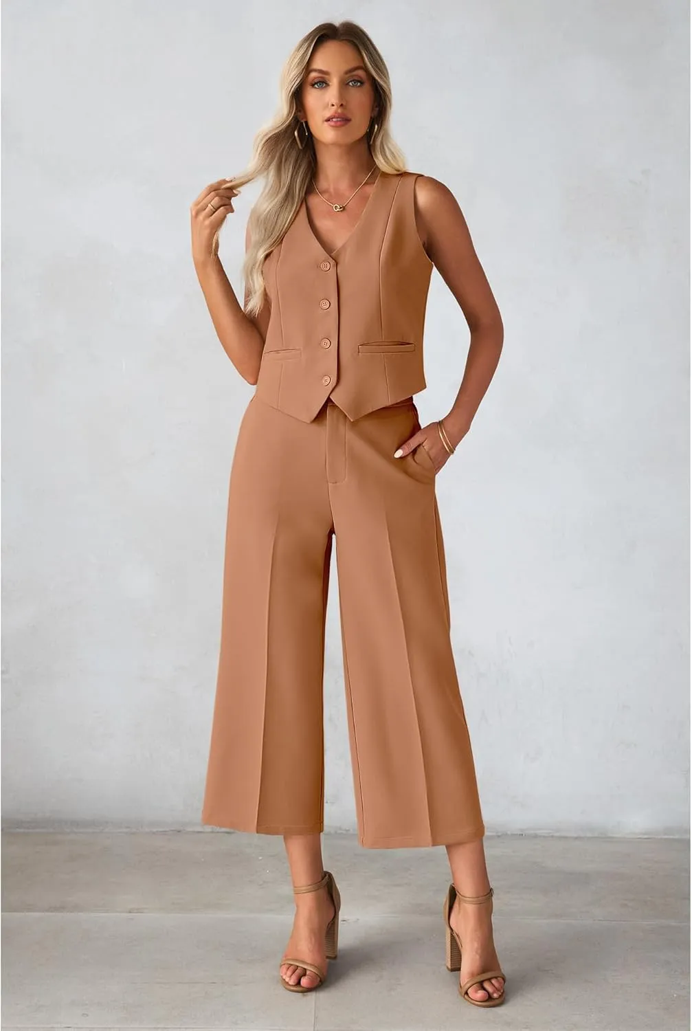luvamia Pant Suits for Women Dressy Casual 2 Piece Sets Sleeveless Blazer Vest with Wide Leg Capri Pants Work Outfit
