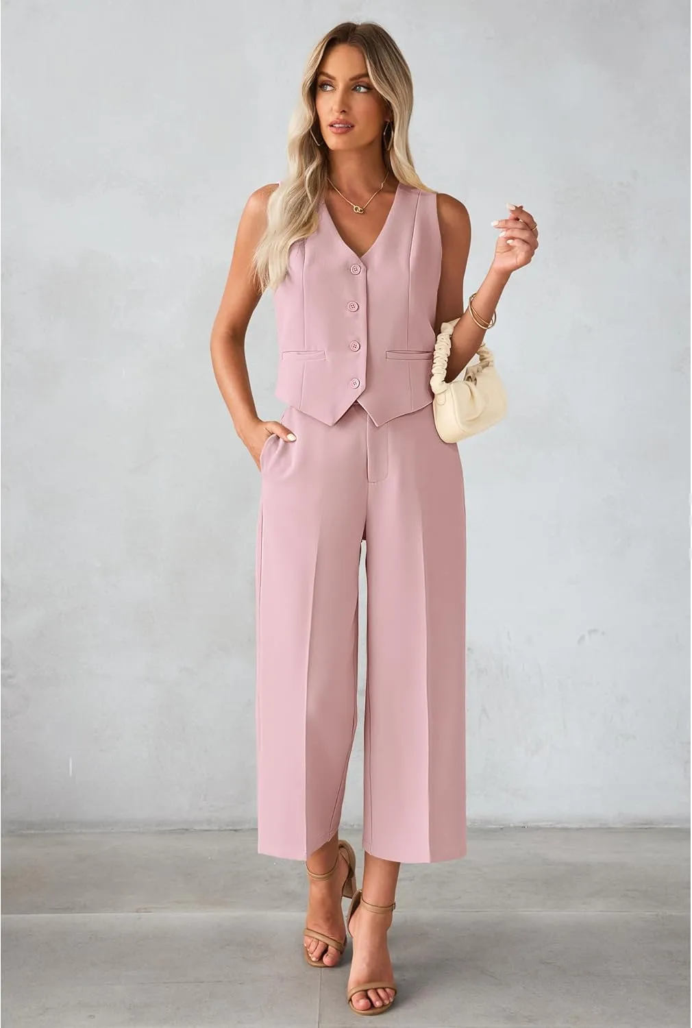 luvamia Pant Suits for Women Dressy Casual 2 Piece Sets Sleeveless Blazer Vest with Wide Leg Capri Pants Work Outfit