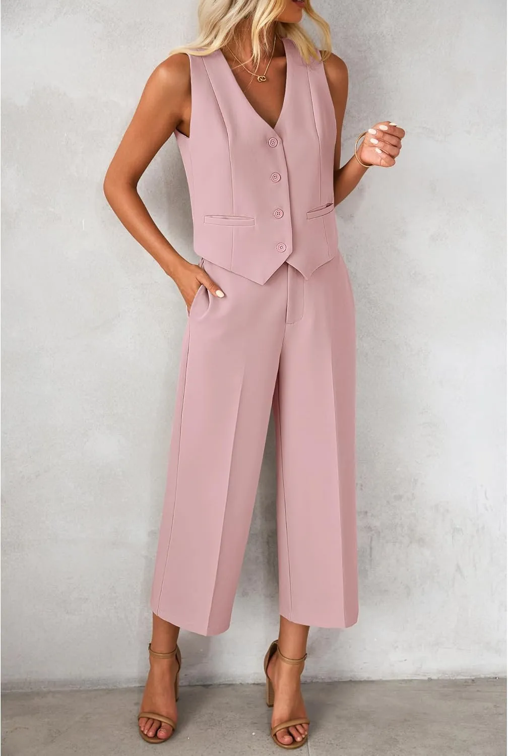 luvamia Pant Suits for Women Dressy Casual 2 Piece Sets Sleeveless Blazer Vest with Wide Leg Capri Pants Work Outfit
