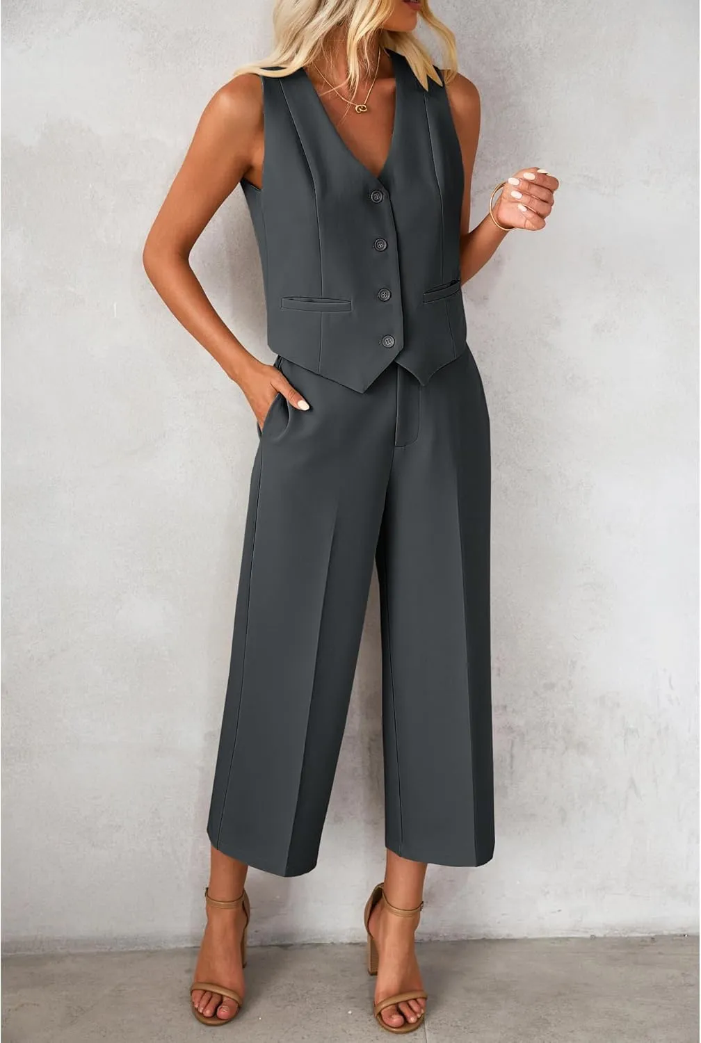 luvamia Pant Suits for Women Dressy Casual 2 Piece Sets Sleeveless Blazer Vest with Wide Leg Capri Pants Work Outfit