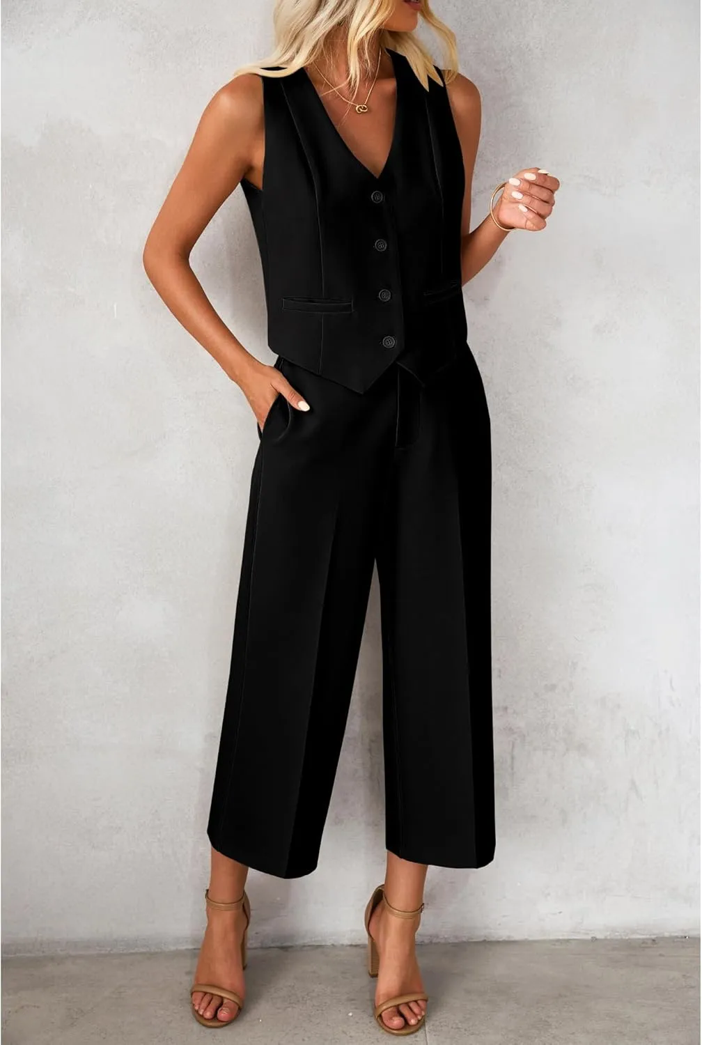 luvamia Pant Suits for Women Dressy Casual 2 Piece Sets Sleeveless Blazer Vest with Wide Leg Capri Pants Work Outfit