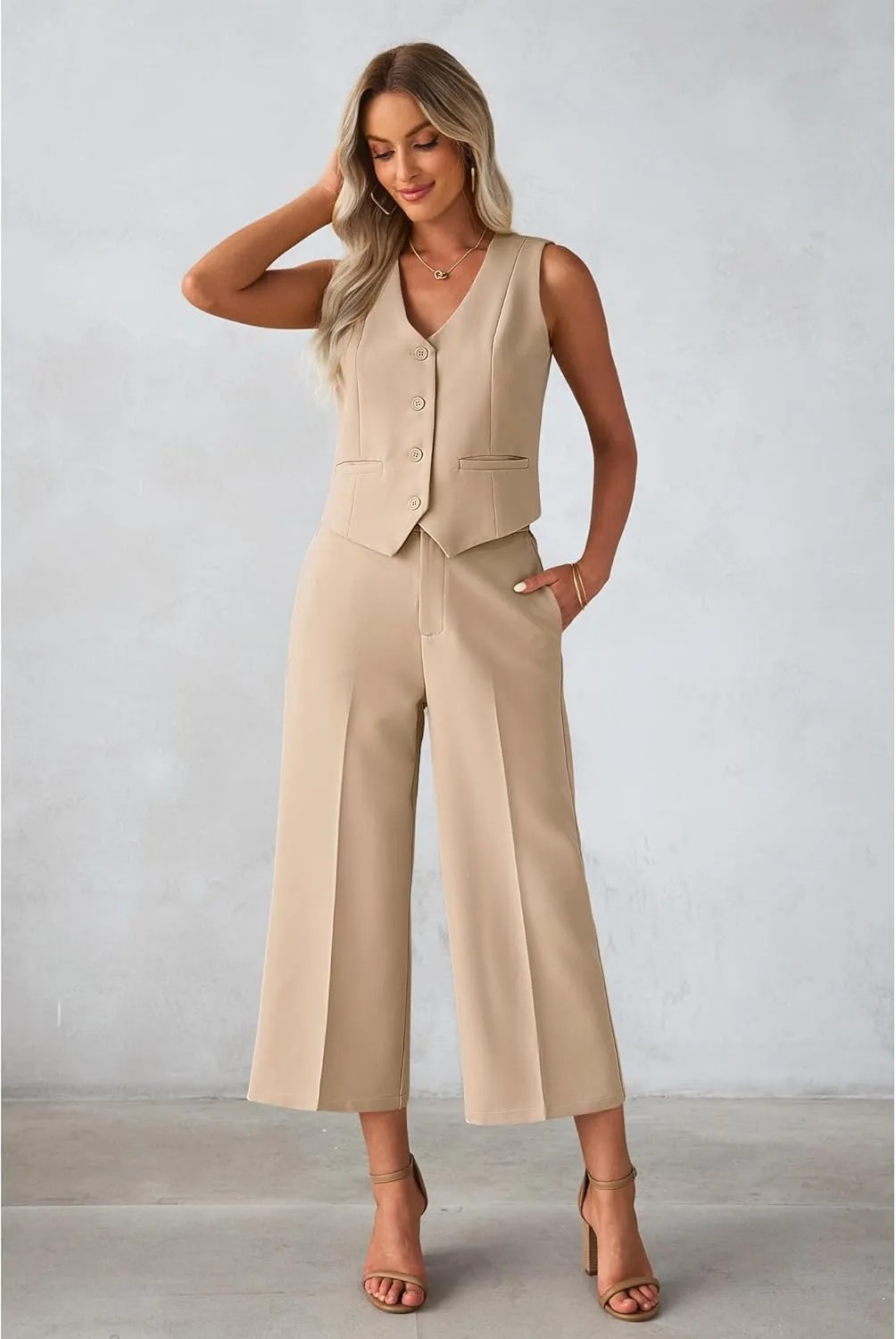 luvamia Pant Suits for Women Dressy Casual 2 Piece Sets Sleeveless Blazer Vest with Wide Leg Capri Pants Work Outfit