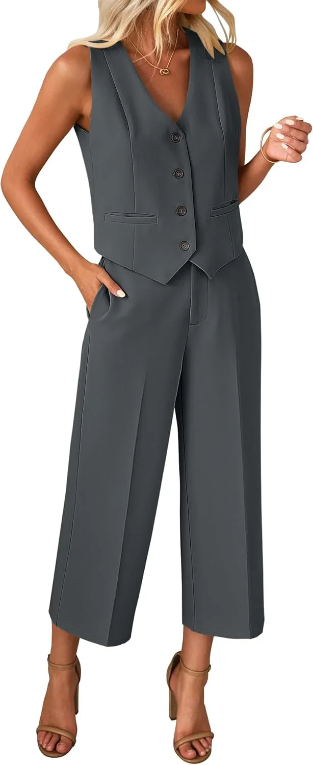 luvamia Pant Suits for Women Dressy Casual 2 Piece Sets Sleeveless Blazer Vest with Wide Leg Capri Pants Work Outfit