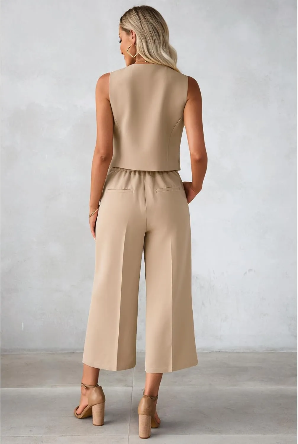 luvamia Pant Suits for Women Dressy Casual 2 Piece Sets Sleeveless Blazer Vest with Wide Leg Capri Pants Work Outfit