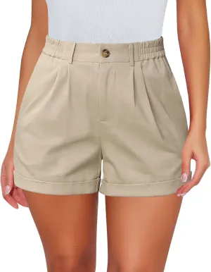 luvamia Shorts for Women High Waisted Dressy Casual Cotton Stretch Twill Elastic Wasit Pleated Summer Shorts with Pocket