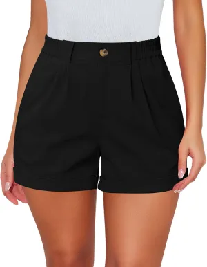 luvamia Shorts for Women High Waisted Dressy Casual Cotton Stretch Twill Elastic Wasit Pleated Summer Shorts with Pocket
