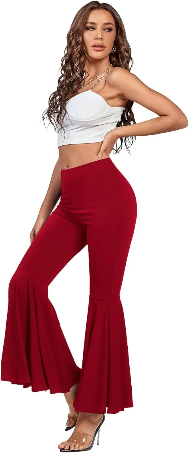 LYANER Women's Casual High Waist Ruffle Flare Pants Wide Leg Solid Stretchy Bell Bottom