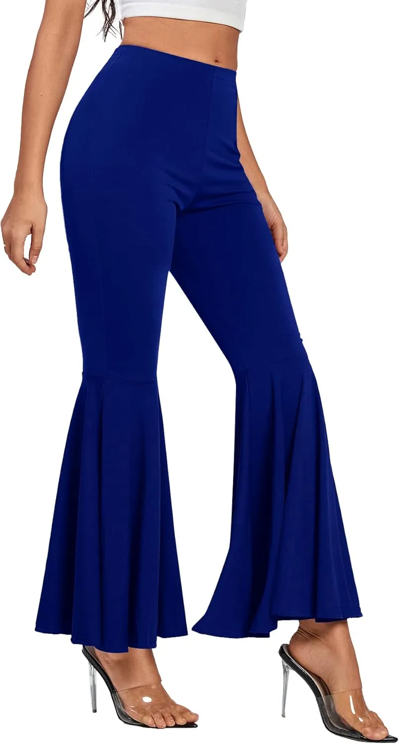 LYANER Women's Casual High Waist Ruffle Flare Pants Wide Leg Solid Stretchy Bell Bottom