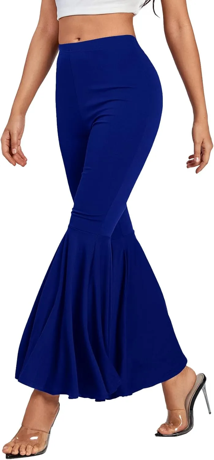 LYANER Women's Casual High Waist Ruffle Flare Pants Wide Leg Solid Stretchy Bell Bottom