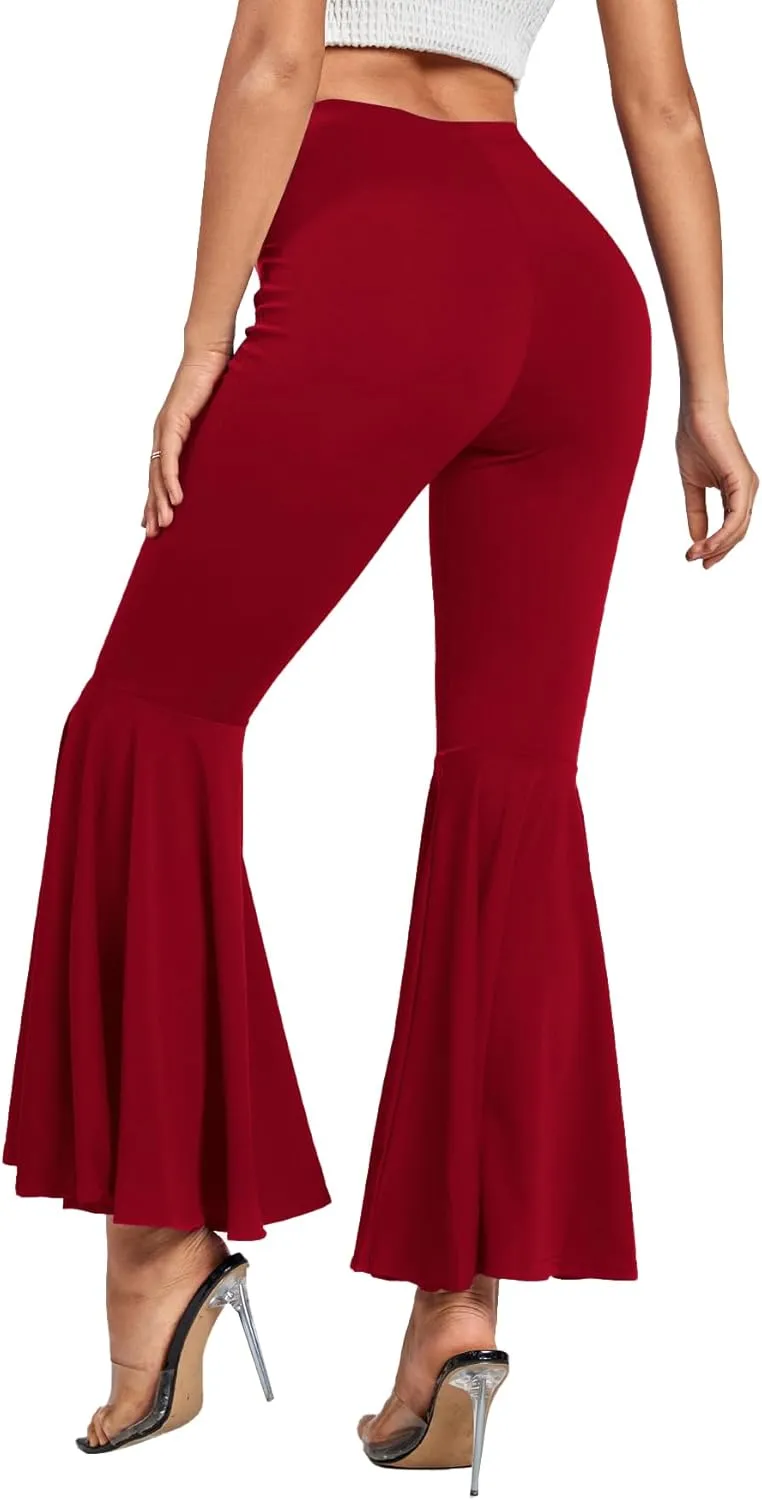 LYANER Women's Casual High Waist Ruffle Flare Pants Wide Leg Solid Stretchy Bell Bottom