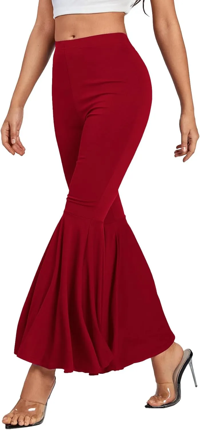 LYANER Women's Casual High Waist Ruffle Flare Pants Wide Leg Solid Stretchy Bell Bottom
