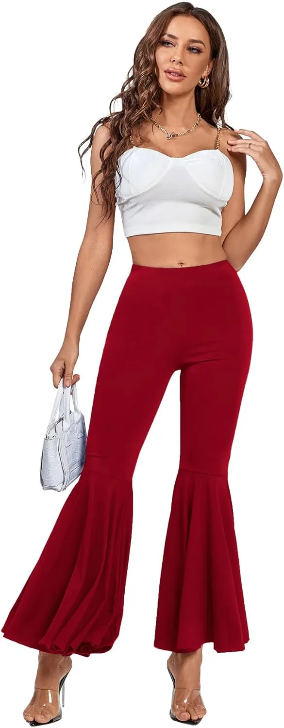 LYANER Women's Casual High Waist Ruffle Flare Pants Wide Leg Solid Stretchy Bell Bottom