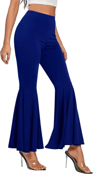 LYANER Women's Casual High Waist Ruffle Flare Pants Wide Leg Solid Stretchy Bell Bottom
