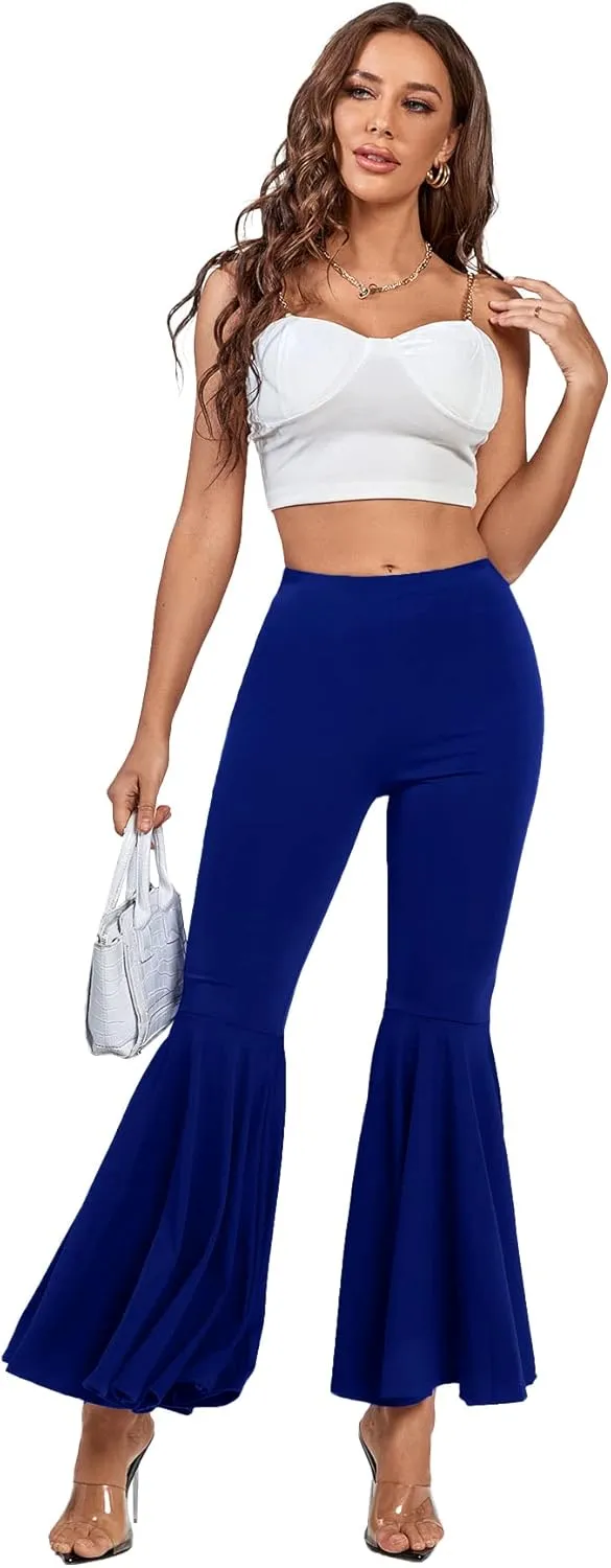 LYANER Women's Casual High Waist Ruffle Flare Pants Wide Leg Solid Stretchy Bell Bottom