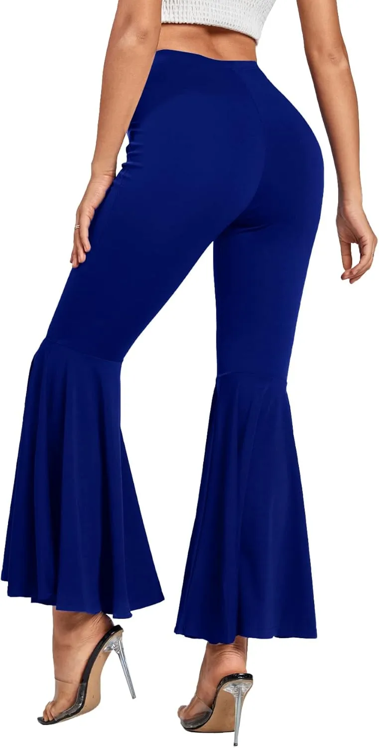 LYANER Women's Casual High Waist Ruffle Flare Pants Wide Leg Solid Stretchy Bell Bottom