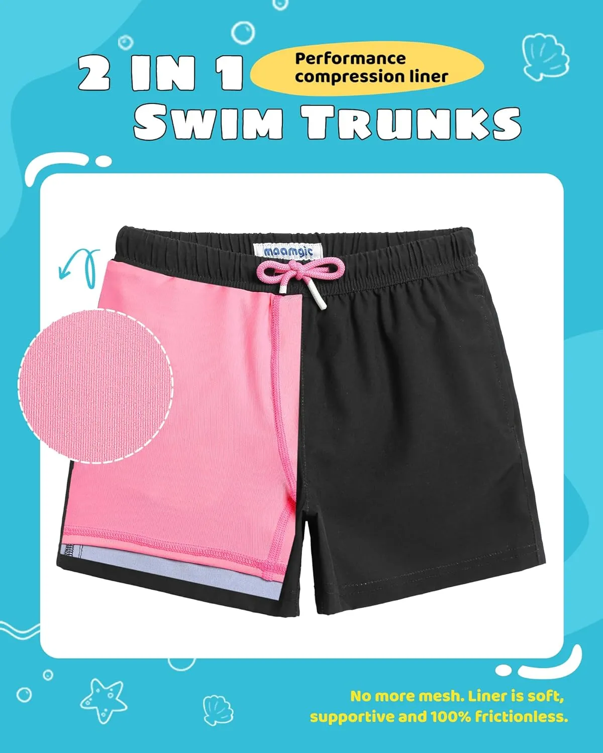 maamgic Boys Swim Trunks with Compression Liner Toddler Stretch Swim Shorts