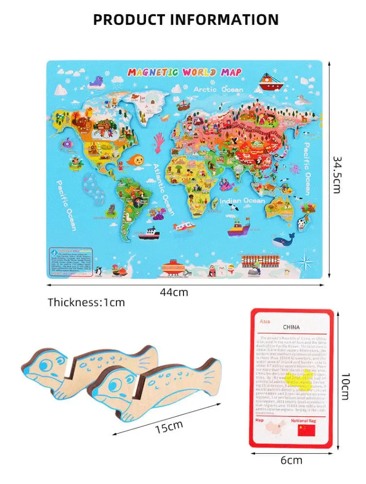 Magnetic World Map Wooden Puzzle with Country Cards