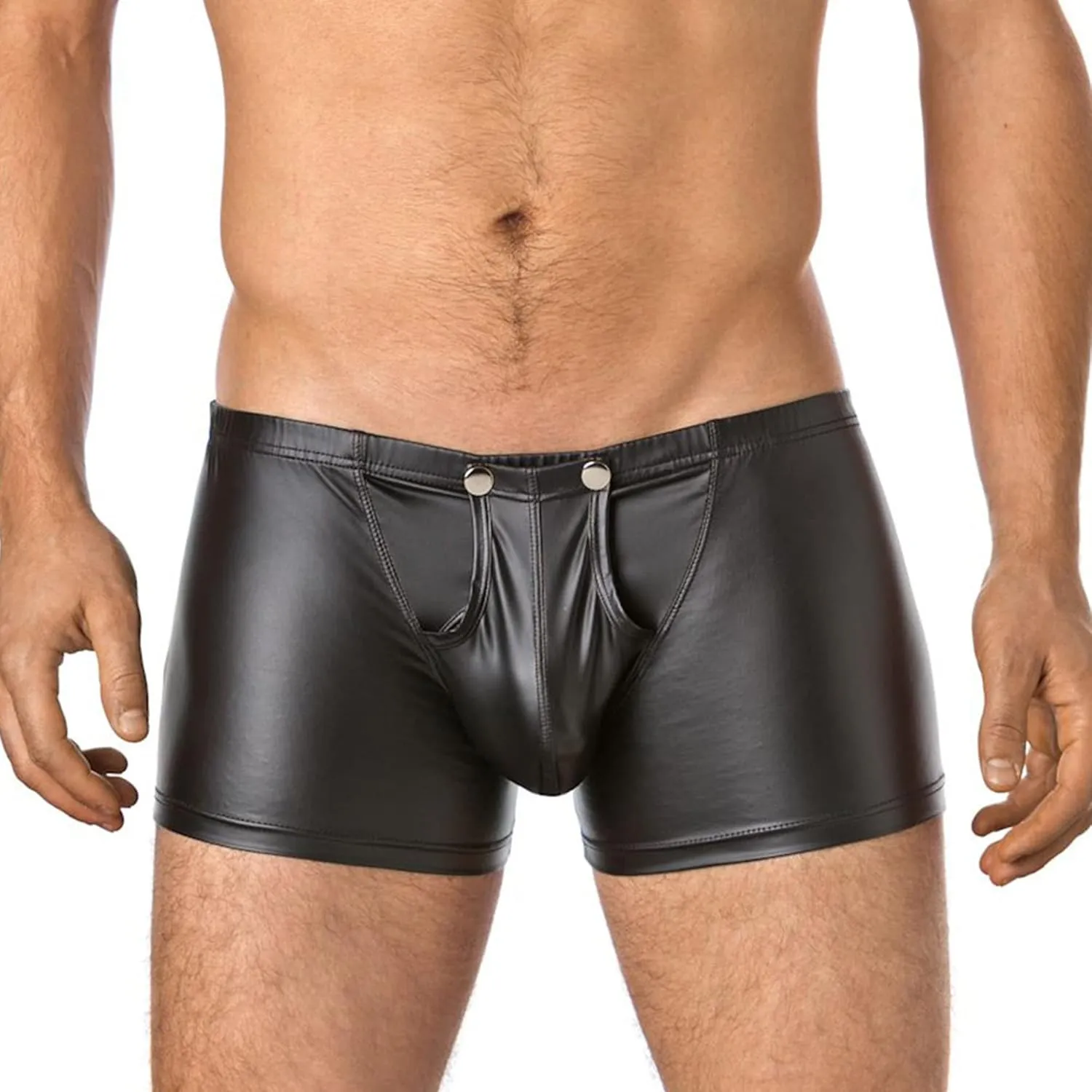 Maiyifu-GJ Men's Faux Leather Detachable Button Underwear Sexy U-Shaped Pouch Boxer Briefs Stretch Erotic Trunks