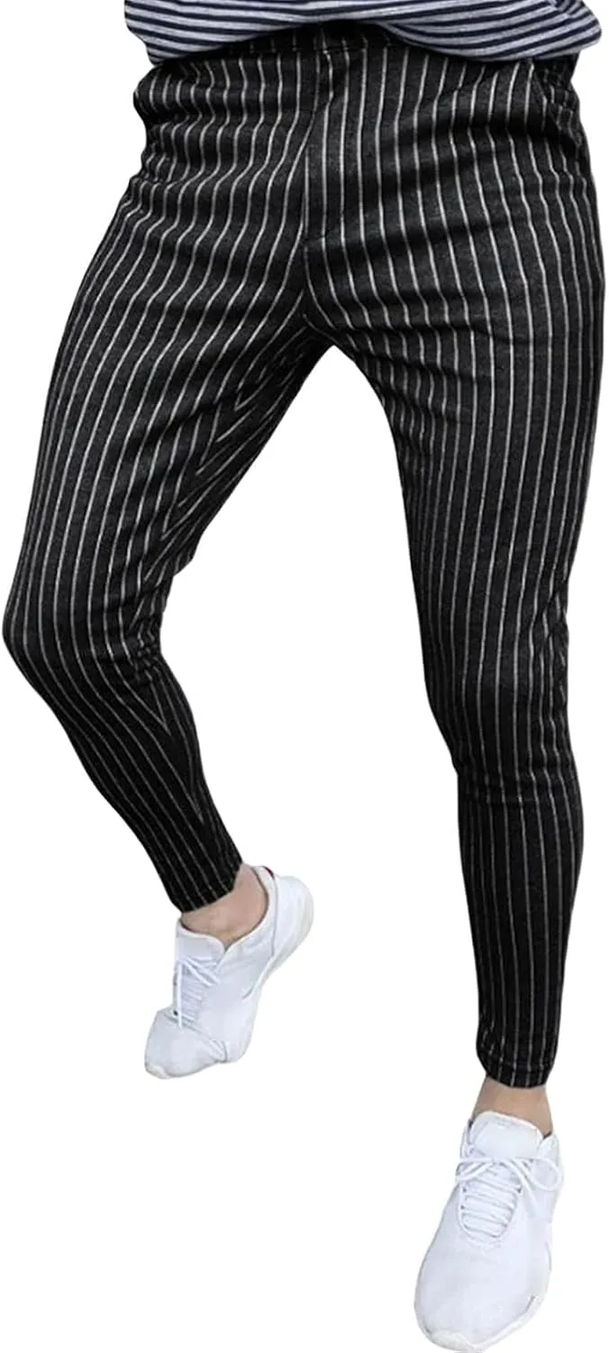Maiyifu-GJ Mens Striped Dress Pants Slim Fit Skinny Stretch Pinstripe Formal Pants Casual Business Flat Front Chino Trousers