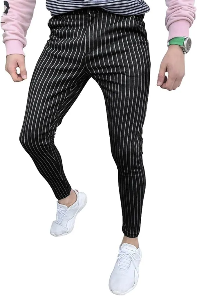 Maiyifu-GJ Mens Striped Dress Pants Slim Fit Skinny Stretch Pinstripe Formal Pants Casual Business Flat Front Chino Trousers