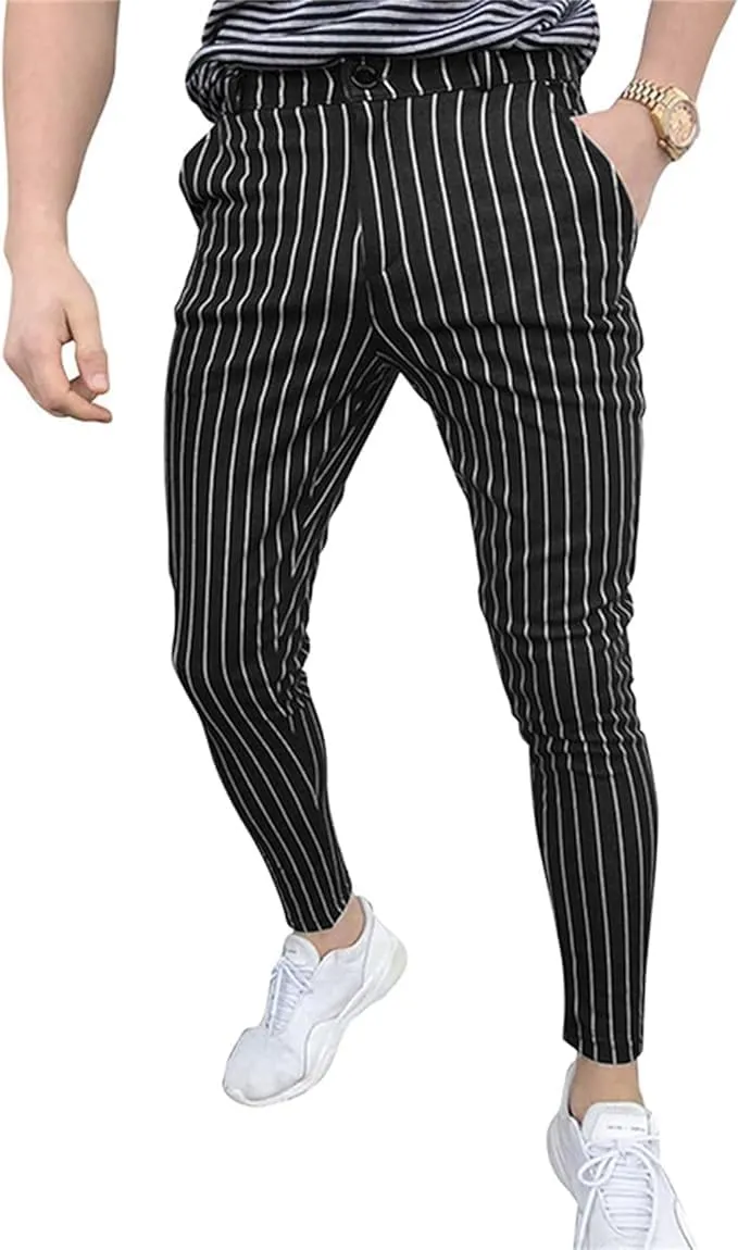 Maiyifu-GJ Mens Striped Dress Pants Slim Fit Skinny Stretch Pinstripe Formal Pants Casual Business Flat Front Chino Trousers