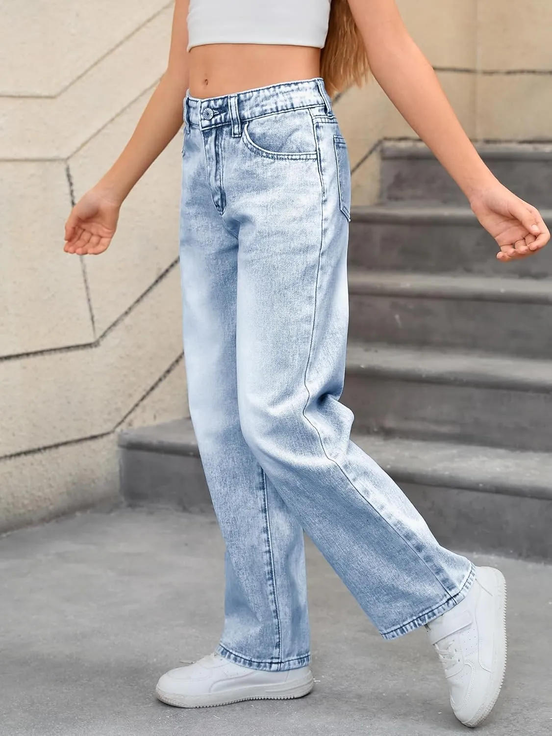 MakeMeChic Girl's Denim Pants High Waisted Straight Leg Jeans with Pockets