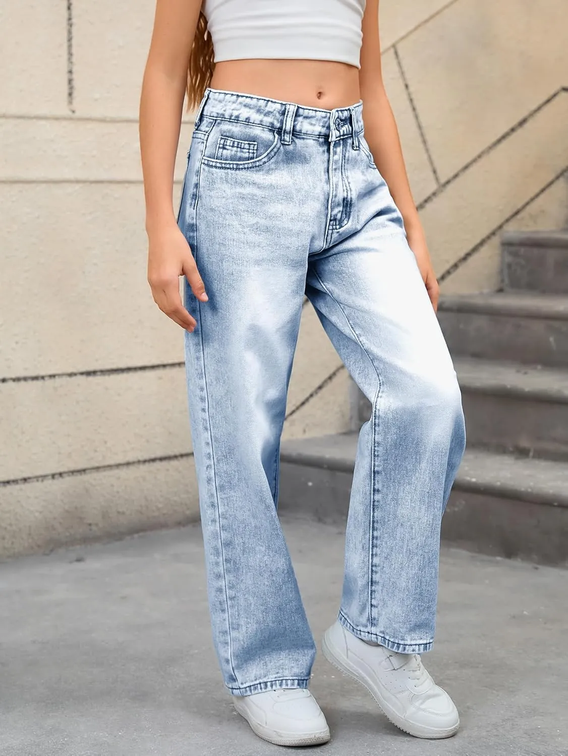 MakeMeChic Girl's Denim Pants High Waisted Straight Leg Jeans with Pockets