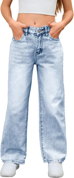 MakeMeChic Girl's Denim Pants High Waisted Straight Leg Jeans with Pockets