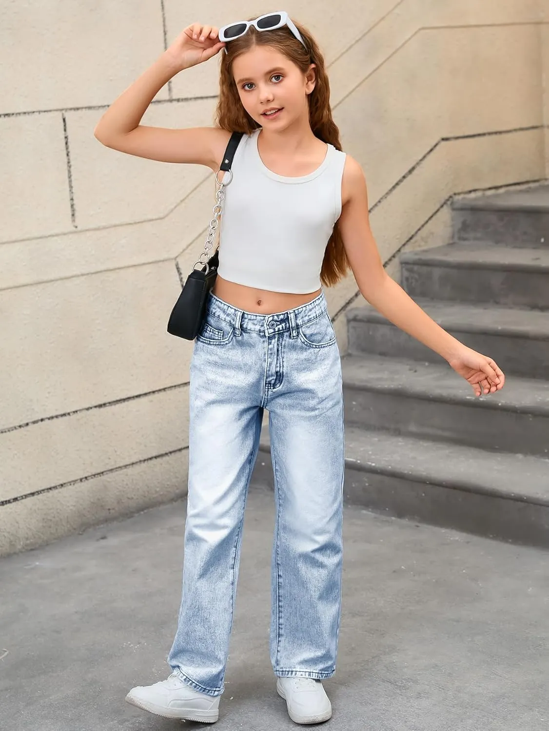 MakeMeChic Girl's Denim Pants High Waisted Straight Leg Jeans with Pockets