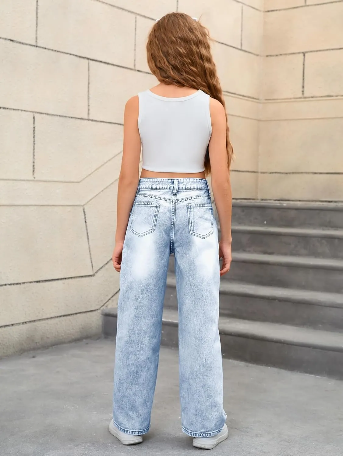 MakeMeChic Girl's Denim Pants High Waisted Straight Leg Jeans with Pockets