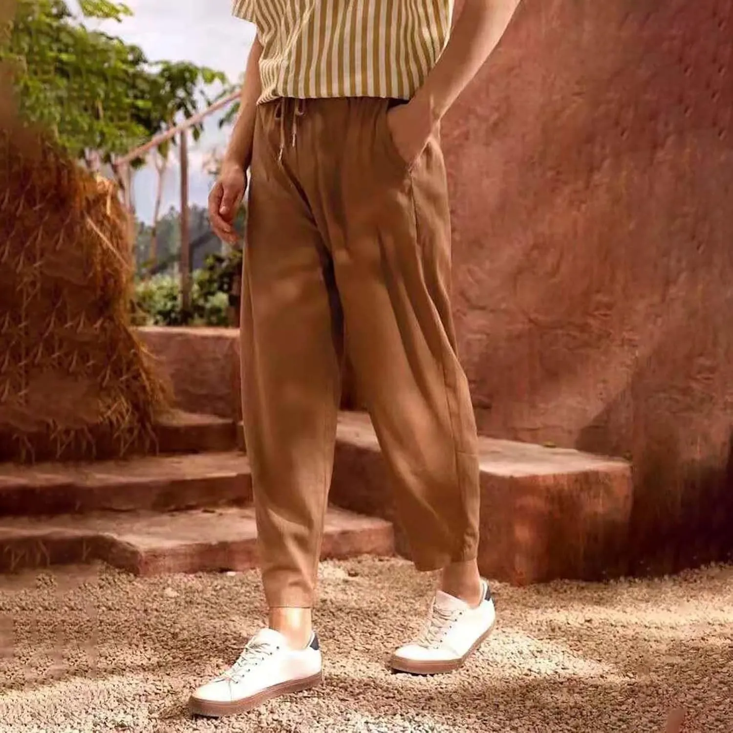 Men Linen Pants Casual Elastic Waist Trousers Summer Beach Vacation Lightweight Pants Drawstring Slacks with Pocket