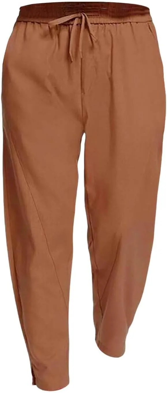 Men Linen Pants Casual Elastic Waist Trousers Summer Beach Vacation Lightweight Pants Drawstring Slacks with Pocket