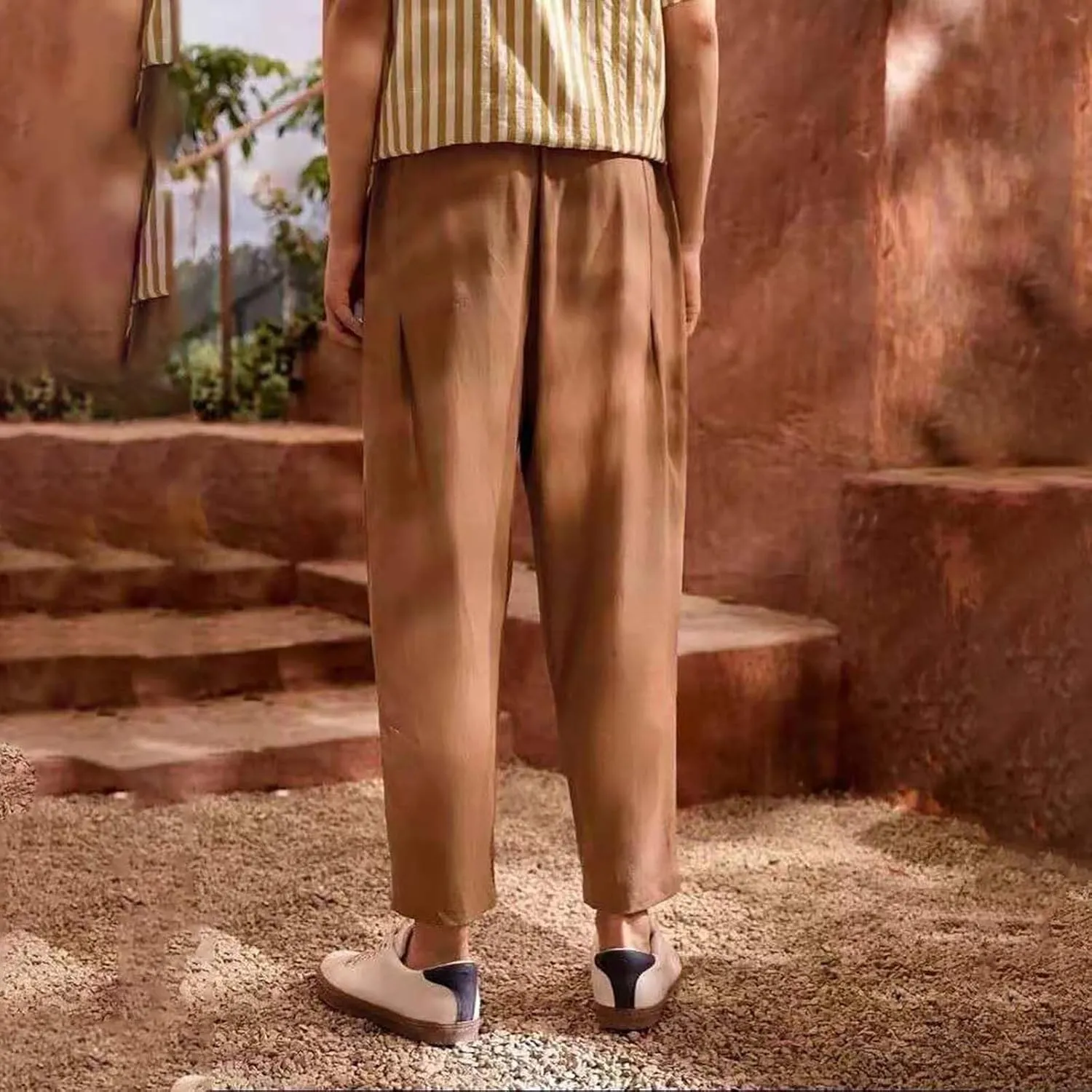 Men Linen Pants Casual Elastic Waist Trousers Summer Beach Vacation Lightweight Pants Drawstring Slacks with Pocket